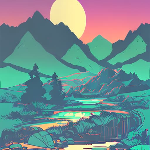 nvinkpunk Whimsical mountains with pond and trees in valley