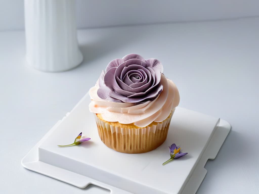  A closeup, ultradetailed image of a perfectly frosted cupcake adorned with delicate edible flowers, meticulously arranged on a sleek, white ceramic plate. The frosting is flawlessly smooth, with intricate swirls and peaks, glistening under a soft, natural light that highlights the subtle gradients of pastel colors. The edible flowers, in shades of blush pink and lavender, are elegantly positioned, adding a touch of sophistication to the overall presentation. The background is a simple, unobtrusive white, emphasizing the exquisite details of the cupcake and creating a sense of refined minimalism. hyperrealistic, full body, detailed clothing, highly detailed, cinematic lighting, stunningly beautiful, intricate, sharp focus, f/1. 8, 85mm, (centered image composition), (professionally color graded), ((bright soft diffused light)), volumetric fog, trending on instagram, trending on tumblr, HDR 4K, 8K