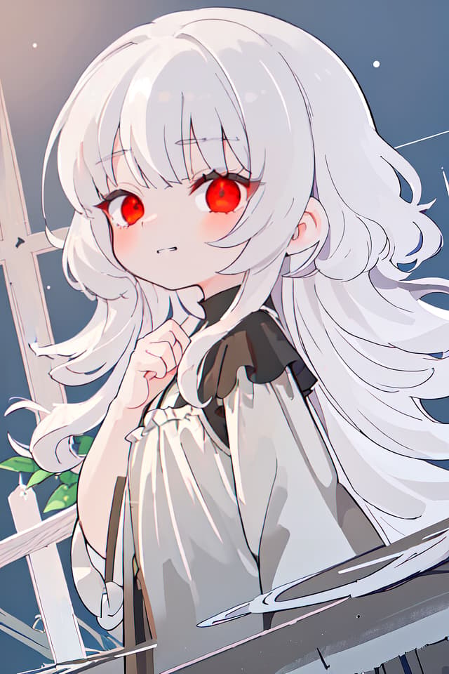  ultra detailed:1.2masterpiece:1.2,best quality,masterpiece,bestquality,hdr:1.1,8k:1.1,very cute girl:1.3,white hair:1.3,very long hair,volume hair:0.7,flare hair:1.2,curly hair:1.4,red eyes,bad mood:1.3,sleepy eyes:1.2,closed mouth:1.3,upper body:1.3,dutch angle,half closed eyes:1.8,sulking:1.6,bored:1.3,upper body:1.1,from side,from above ,grin:0.6,looking viewer