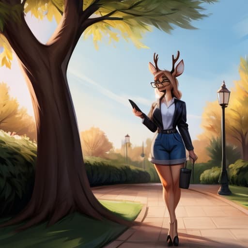  Deer, girl, glasses, johnfoxart, park, best quality, best anatomy, full height, open eyes, digital art, masterpiece, 4k, fine details,