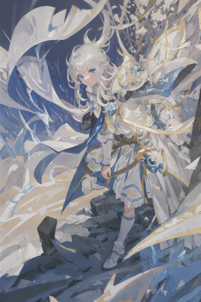  master piece , best quality,Silver hair, long hair, male, knight, blue lightning, white armor, bright light blue cape