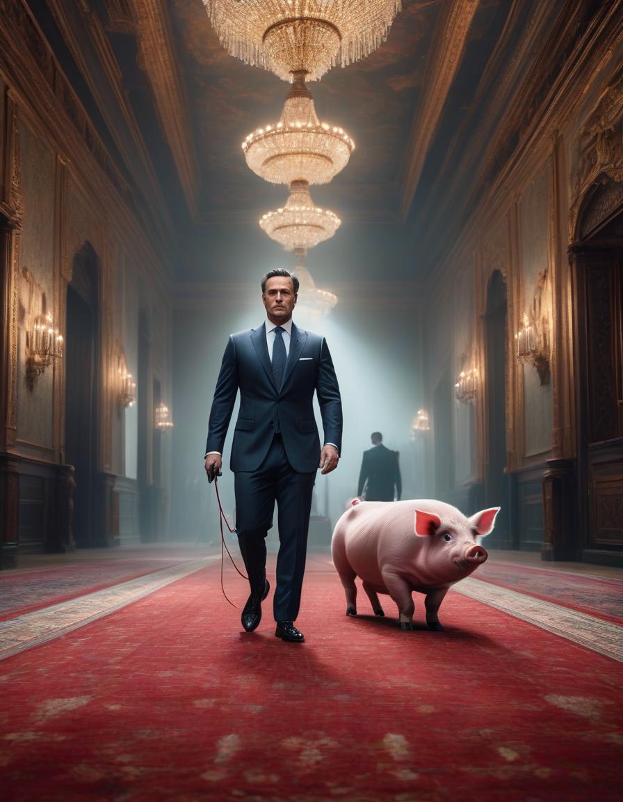  Photorealism, a millionaire man in an expensive suit walks along the carpet in a large hall and leads a spotted pig on a string, electric colors hyperrealistic, full body, detailed clothing, highly detailed, cinematic lighting, stunningly beautiful, intricate, sharp focus, f/1. 8, 85mm, (centered image composition), (professionally color graded), ((bright soft diffused light)), volumetric fog, trending on instagram, trending on tumblr, HDR 4K, 8K