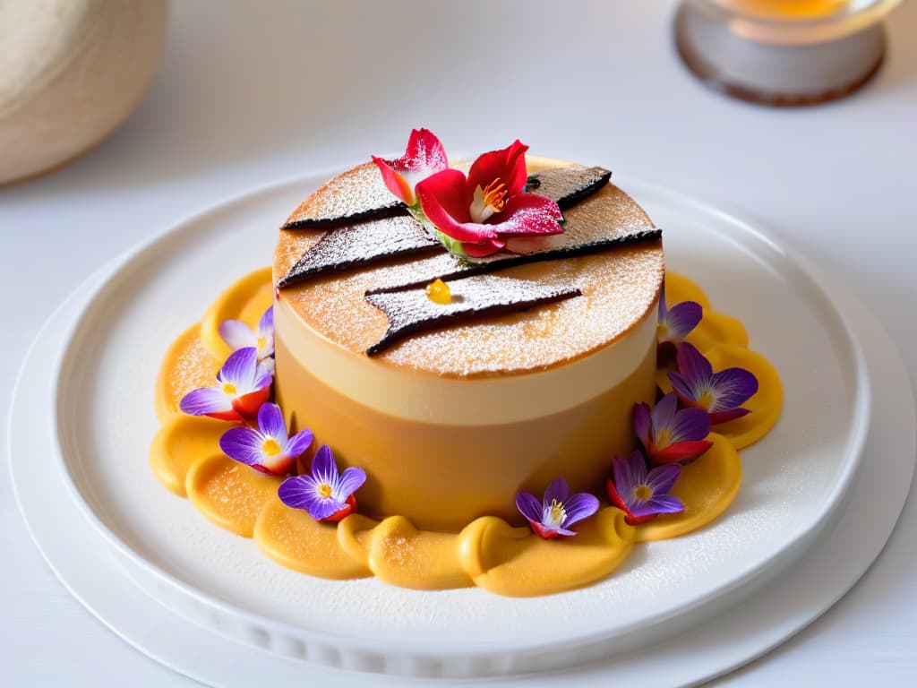  A photorealistic image of a beautifully crafted dessert that combines elements of traditional Mexican pastries with modern French patisserie techniques. The dessert is elegantly plated on a white porcelain dish, showcasing intricate layers of flaky pastry, rich dulce de leche, and delicate edible flowers as garnish. The lighting highlights the glossy glaze of the dessert, making it appear as a true work of art in the world of fusion baking. hyperrealistic, full body, detailed clothing, highly detailed, cinematic lighting, stunningly beautiful, intricate, sharp focus, f/1. 8, 85mm, (centered image composition), (professionally color graded), ((bright soft diffused light)), volumetric fog, trending on instagram, trending on tumblr, HDR 4K, 8K