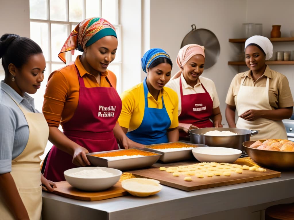  A photorealistic image of a group of diverse women, of different ethnicities and ages, coming together in a kitchen during the Apartheid era in South Africa. They are passionately baking various traditional desserts, exchanging recipes, and sharing stories, showcasing unity and resistance through the art of baking. The kitchen is warmly lit, filled with ingredients like sugar, flour, and spices, while the women are wearing colorful aprons and headscarves, creating a powerful and inspiring scene of cultural perseverance and hope. hyperrealistic, full body, detailed clothing, highly detailed, cinematic lighting, stunningly beautiful, intricate, sharp focus, f/1. 8, 85mm, (centered image composition), (professionally color graded), ((bright soft diffused light)), volumetric fog, trending on instagram, trending on tumblr, HDR 4K, 8K