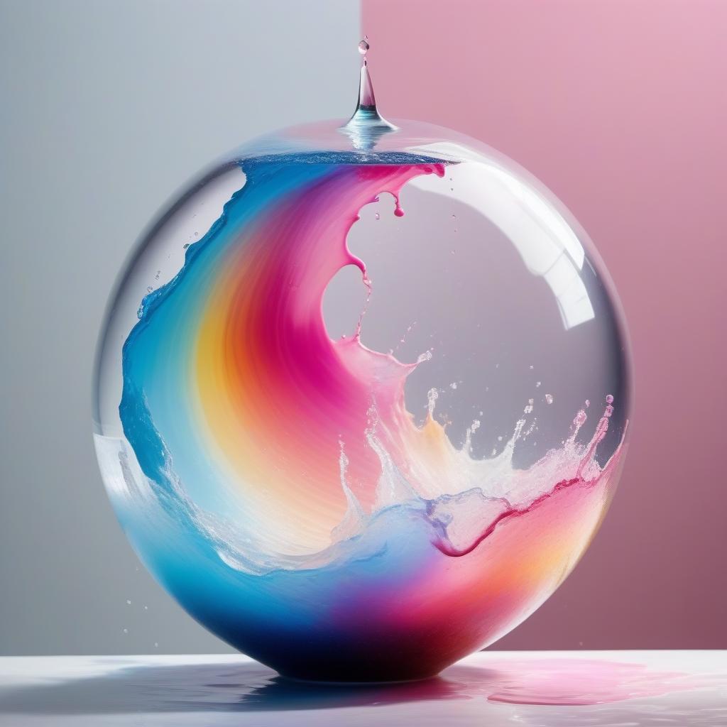  A glass prism, in a large stretched ball, everything exploded, around the color spray of the fountain, the background of white pink blue tones, colored colors.Style expressionism