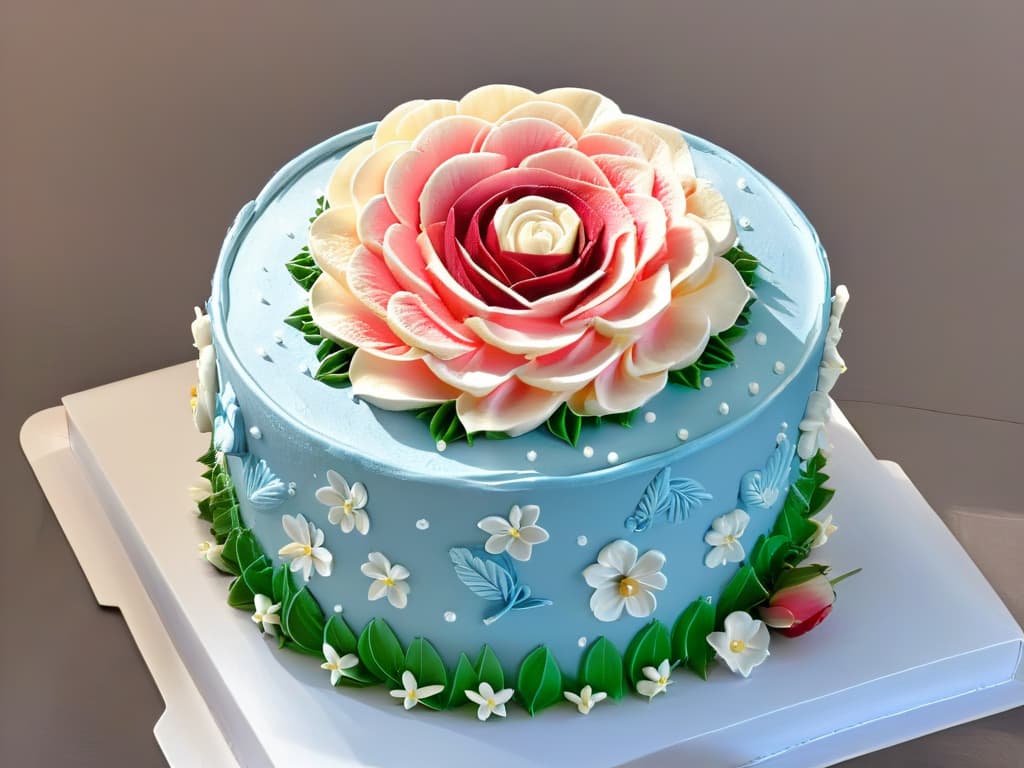  A closeup, ultradetailed image of an intricate floral design created with different types of frosting nozzles, showcasing the precise and professional touch in decorating a cake. The details are so clear that each petal and swirl of frosting is distinct, highlighting the artistry and skill involved in using various piping tips for cake decoration. hyperrealistic, full body, detailed clothing, highly detailed, cinematic lighting, stunningly beautiful, intricate, sharp focus, f/1. 8, 85mm, (centered image composition), (professionally color graded), ((bright soft diffused light)), volumetric fog, trending on instagram, trending on tumblr, HDR 4K, 8K