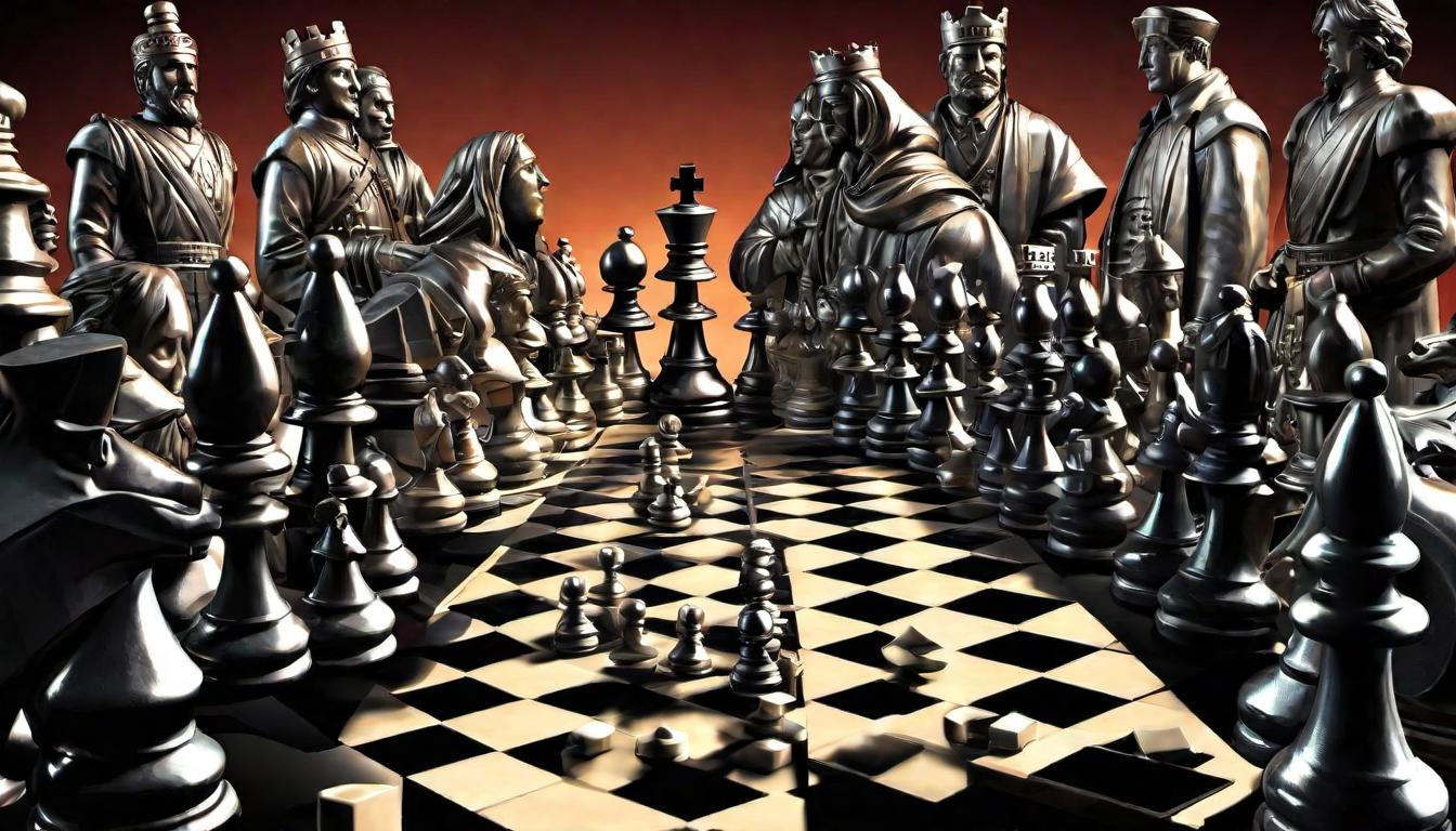  digital illustration, A chessboard mid game, pieces carved as human figures, some transforming into distorted shapes, strategic play turned chaos, gamesmanship versus unpredictability, complex adaptation, puzzle, introspection, looking at viewer, dynamic pose, (intricate details, masterpiece, best quality)