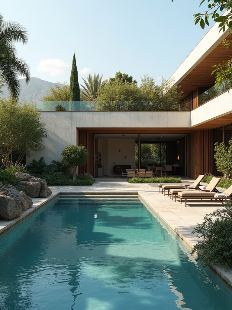  capture a raw, unedited, 8k photograph in hyperrealistic, photorealistic, and highly detailed style, styled after stephen kent johnson. the scene is an outdoor setting including a garden, landscaping, and architectural details of a contemporary style house with clean lines and harmony. utilize a hasselblad x1d ii 50c camera for a bright, soft diffused light effect, and an establishing shot to convey the context of the exterior space. the image features an infinity pool and poolside design, rendered in a polished and dramatic film still style, with professional color grading enhancing the intricate, stunningly beautiful details.