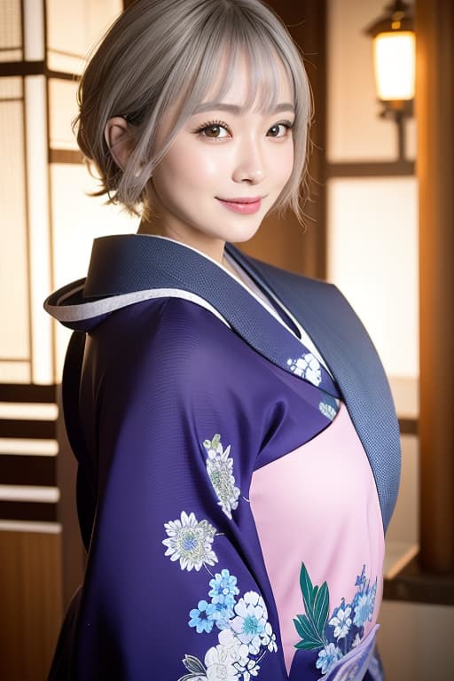  Vivid kimono in the city of Kyoto, a lot of smiling smiles and a plump glossy hair short hair light silver, (Masterpiece, BestQuality:1.3), (ultra detailed:1.2), (hyperrealistic:1.3), (RAW photo:1.2),High detail RAW color photo, professional photograph, (Photorealistic:1.4), (realistic:1.4), ,professional lighting, (japanese), beautiful face, (realistic face)