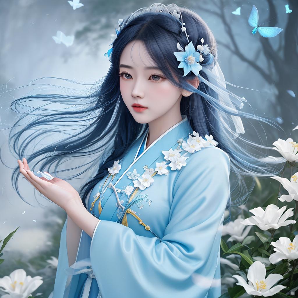  masterpiece, best quality, (Fidelity: 1.4), Best Quality, Masterpiece, Ultra High Resolution, Poster, Fantasy Art, Very Detailed Faces, 8k resolution, Chinese Style, An woman, Side Face, Quiet, Light Blue Hanfu, Tulle Coat, Long Black Hair, Light Blue Fringed Hair Ornament, Hairpin, White Ribbon, White Flower Bush, Light Blue Butterfly Flying, cinematic lighting effects