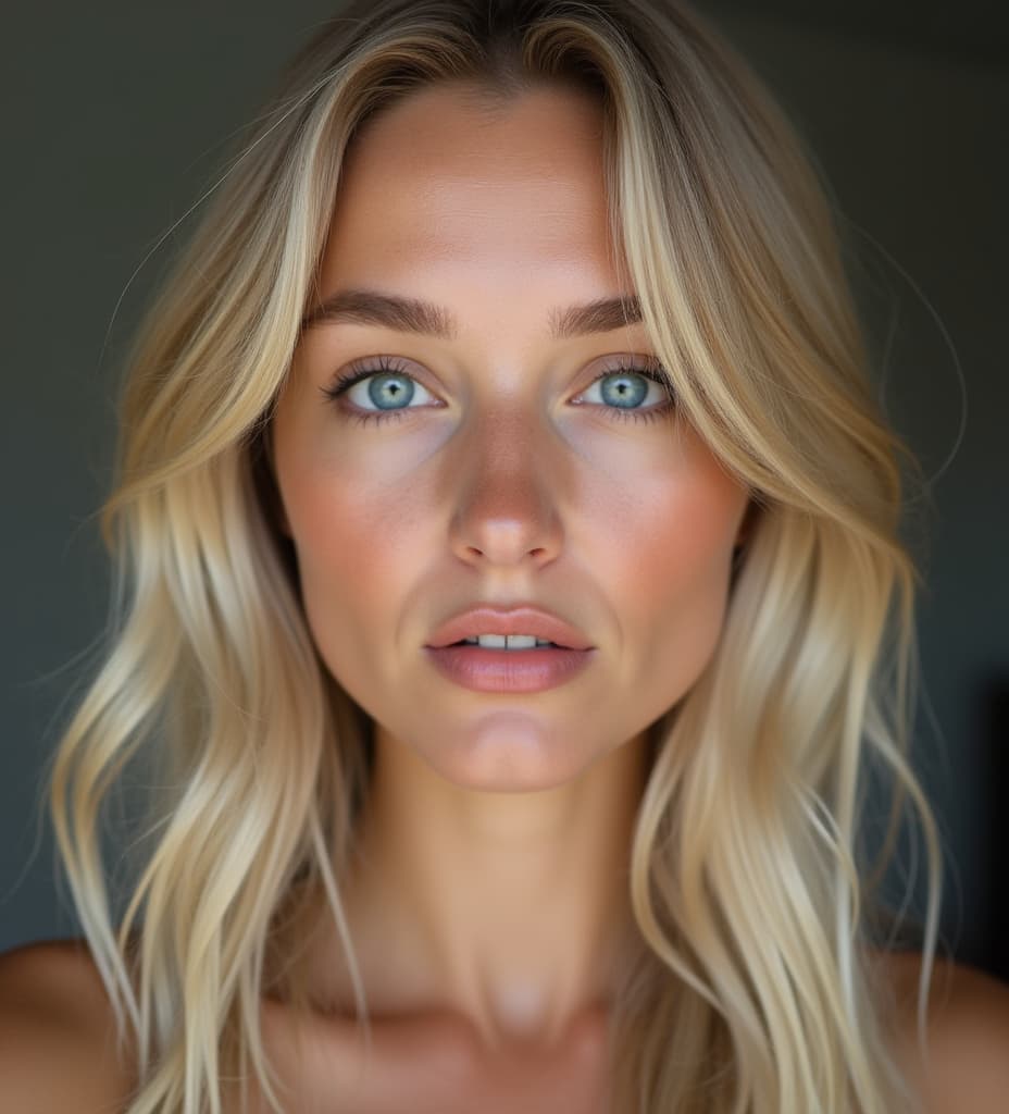  good quality, high quality, hot , front angle with flash, she has large s, vey detailed and photorealistic image. she is and ful. blue eyes. blonde hair, perfect sculpted thin nose. she is in her 20s and has a youthful look. she is australian and loves art. photo. thin chin and rounded flat chin