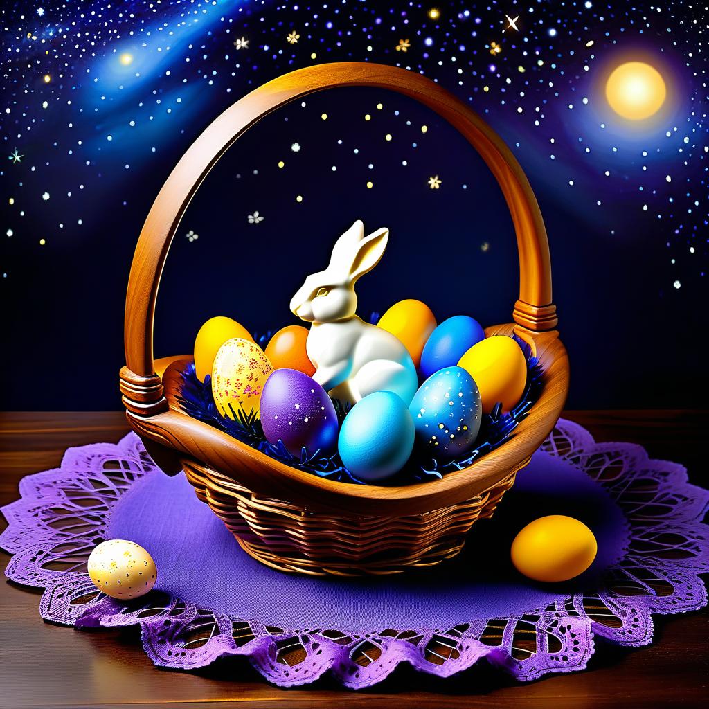  Luxury product style (Sky):starry night. (Colour):dark blue, violet, lilac. Yellow, orange cream lilies blossom on the background of the starry sky. On the openwork tablecloth is an Easter basket with Easter eggs. In the centre of the basket is a large decorative glass egg on a carved wooden stand. In the egg sits the Easter Bunny. (Bunny). Description: a small fluffy adorable bunny. Wool of delicate pastel colours: blue, lilac, the colour of cocoa with milk. Sits in the young grass around him painted Easter eggs: lilac pink orange red, blue, lettuce. . Elegant, sophisticated, high end, luxurious, professional, highly detailed hyperrealistic, full body, detailed clothing, highly detailed, cinematic lighting, stunningly beautiful, intricate, sharp focus, f/1. 8, 85mm, (centered image composition), (professionally color graded), ((bright soft diffused light)), volumetric fog, trending on instagram, trending on tumblr, HDR 4K, 8K