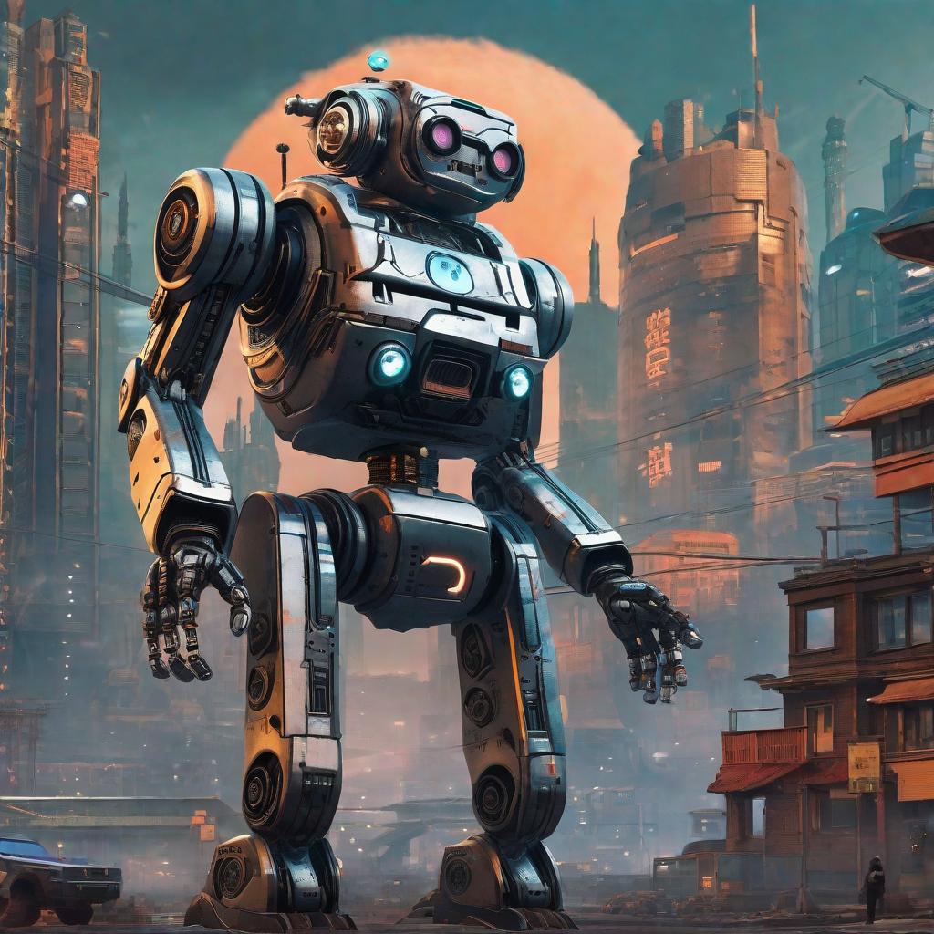  masterpiece, best quality,A robot in a cyberpunk scenario, with buildings on the background and Neptune's atmosphere visible. ,