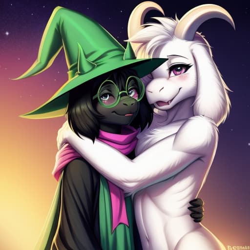  desertkaiju style, white furr, Asriel, Undertale, Ralsei, Deltarune, naked, duo, hugging, open eyes, digital art, masterpiece, 4k, fine details,