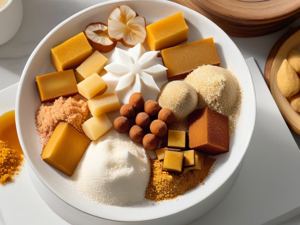  A closeup, ultradetailed image of various exotic sugars neatly arranged in geometric patterns on a sleek, minimalist white surface. The assortment includes golden panela, rich muscovado, delicate palm sugar, and shimmering demerara crystals, showcasing the unique textures and colors of each type. The play of light and shadow highlights the authenticity and quality of these specialty sugars, evoking a sense of sophistication and culinary distinction. hyperrealistic, full body, detailed clothing, highly detailed, cinematic lighting, stunningly beautiful, intricate, sharp focus, f/1. 8, 85mm, (centered image composition), (professionally color graded), ((bright soft diffused light)), volumetric fog, trending on instagram, trending on tumblr, HDR 4K, 8K