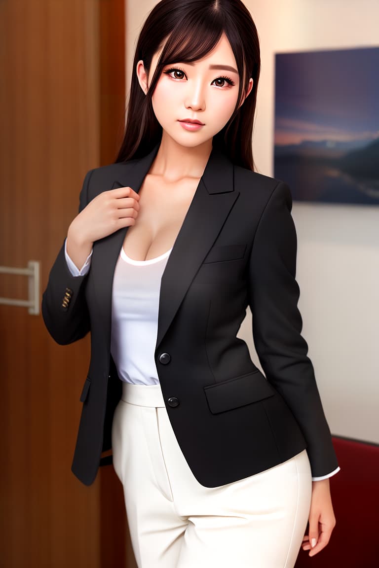  (8k, photorealistic, RAW photo, best quality: 1.4), (photorealistic:1.4), (realistic face), realistic eyes, (realistic skin), ((((masterpiece)))), best quality, very_high_resolution, ultra-detailed, in-frame, Natsuko Tatsumi look-alike, Japanese beauty, front view, large almond-shaped eyes, long eyelashes, gal makeup, ponytail, black tailored jacket, white T-shirt, slight cleavage, amazing bust, black pants, standing in a hotel, occupation as a elegant and serious suit shop assistant.