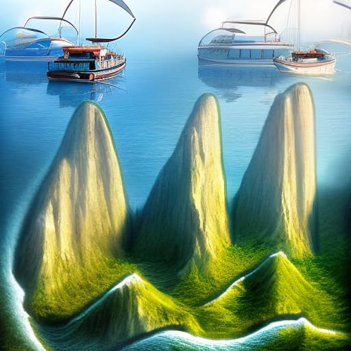 mdjrny-v4 style Mountains, lakes, boats, sun