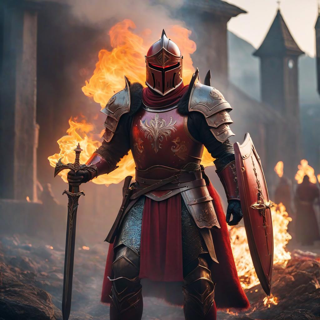  cinematic photo A fire god in the form of a red knight with a flaming sword and shield. The eyes glow red. . 35mm photograph, film, bokeh, professional, 4k, highly detailed hyperrealistic, full body, detailed clothing, highly detailed, cinematic lighting, stunningly beautiful, intricate, sharp focus, f/1. 8, 85mm, (centered image composition), (professionally color graded), ((bright soft diffused light)), volumetric fog, trending on instagram, trending on tumblr, HDR 4K, 8K