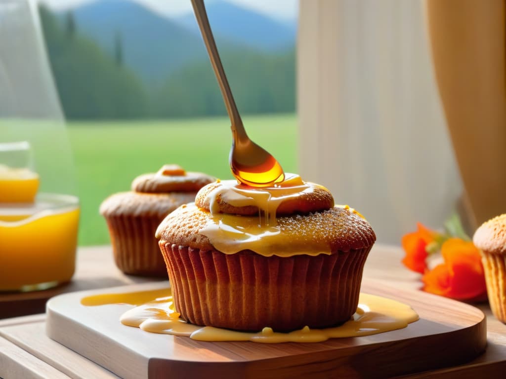  An ultradetailed closeup image of a golden honey dipper drizzling ambercolored honey over a stack of freshly baked wholegrain muffins, emitting steam, with a backdrop of a rustic wooden table and soft natural lighting filtering through a nearby window. hyperrealistic, full body, detailed clothing, highly detailed, cinematic lighting, stunningly beautiful, intricate, sharp focus, f/1. 8, 85mm, (centered image composition), (professionally color graded), ((bright soft diffused light)), volumetric fog, trending on instagram, trending on tumblr, HDR 4K, 8K