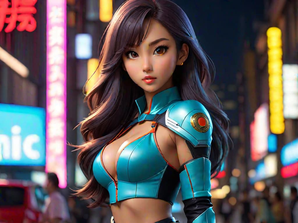  image: masterpiece, high quality, (ity), ((())), realistic anime, (professionally color graded), detailed clothing, highly detailed, cinematic lighting, perfect face, perfect body, 8k, HD, ((1: beautiful asian)), slim waist, slim build, 2 huge fake s, normal hips, medium sized round , fit, tanned, long dark neon hair, view: dynanic view, , location: sci fi at night, clothing: sci fi mini , mostly , pose: Hey ;)