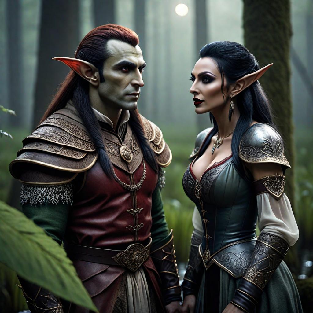  The friendly and enjoyable times of the elf, vampire, and Mahmut brother in the swamps. hyperrealistic, full body, detailed clothing, highly detailed, cinematic lighting, stunningly beautiful, intricate, sharp focus, f/1. 8, 85mm, (centered image composition), (professionally color graded), ((bright soft diffused light)), volumetric fog, trending on instagram, trending on tumblr, HDR 4K, 8K