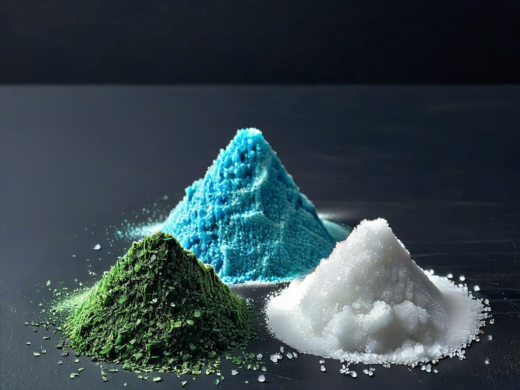  A closeup, ultradetailed image of two small piles of salt side by side on a sleek, matte black surface. On the left, delicate flakes of sea salt sparkle in the soft light, each crystal uniquely shaped and reflecting a spectrum of blues and greens. On the right, refined salt granules glisten with uniform precision, catching the light in a dazzling display of geometric perfection. The contrast between the natural, irregular sea salt and the processed, uniform refined salt is striking, inviting the viewer to contemplate the nuanced differences between the two varieties. hyperrealistic, full body, detailed clothing, highly detailed, cinematic lighting, stunningly beautiful, intricate, sharp focus, f/1. 8, 85mm, (centered image composition), (professionally color graded), ((bright soft diffused light)), volumetric fog, trending on instagram, trending on tumblr, HDR 4K, 8K