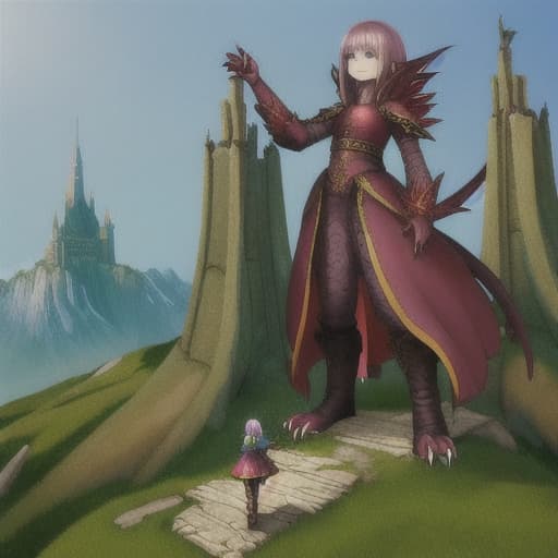  Big dragons on a hill and fantasy with a small girl standing