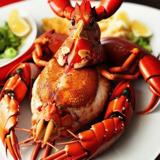  a chicken on top of a huge lobster