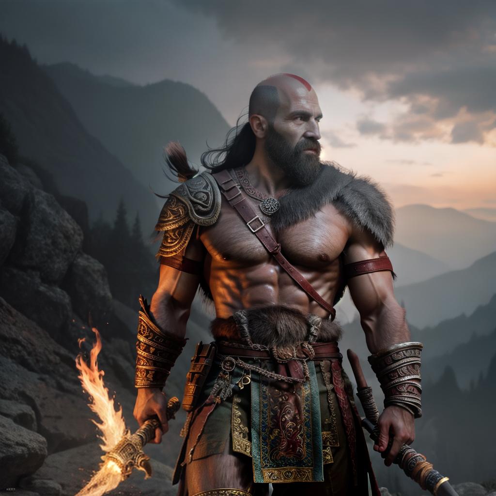  God of war hyperrealistic, full body, detailed clothing, highly detailed, cinematic lighting, stunningly beautiful, intricate, sharp focus, f/1. 8, 85mm, (centered image composition), (professionally color graded), ((bright soft diffused light)), volumetric fog, trending on instagram, trending on tumblr, HDR 4K, 8K