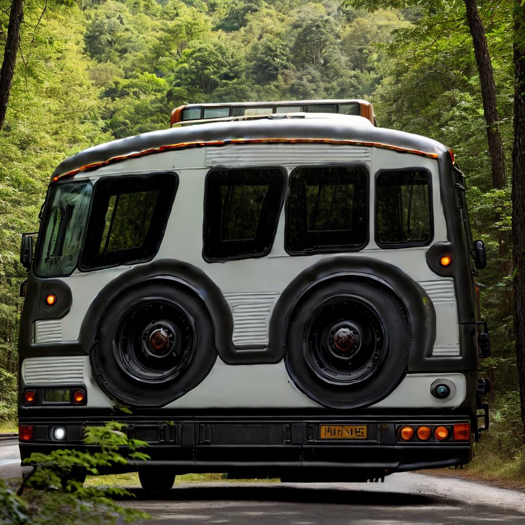  A bus driving on a road in a forest, with detailed foliage and trees, sharp focus, realistic lighting, and a clear view of the bus and its surroundings. style RAW, best quality, masterpiece