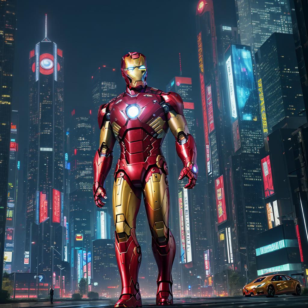  masterpiece, best quality, Best quality, masterpiece, 8k resolution, realistic, highly detailed, close up of Iron Man. In a cyberpunk-style night scene of the city, he stands on a street lined with tall buildings. The city's night lights are bright, The surrounding buildings and streets are filled with cyberpunk elements such as neon lights, high-tech devices, and futuristic architectural designs.