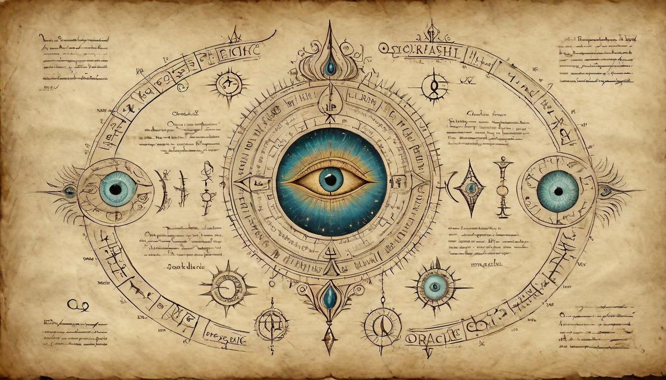  on parchment, surrealism+++, A vision of an ancient oracle with glowing eyes, intricate symbols hanging in the air, aura radiating wisdom, enchanting, enigmatic(mysterious, provocative, symbolic,muted color)+++