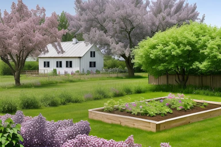  A farmhouse with a lilac growing over it and a cherry orchard and a raised garden bed