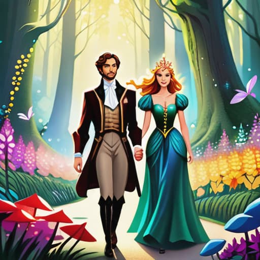  Image style: 'Dizney Ani Style'. Ilration style: The ilration style is vint and colorful, with a touch of whimsy and fantasy. Character: The prince and the fairy are seen standing together, looking determined and ready for an adventure. Place: They are in a magical forest, surrounded by tall trees, colorful flowers, and sparkling streams. Action: The prince and the fairy are holding hands, as if they are about to embark on a journey. Sch Bubble: "Let's stop the evil sorcerer and save the ren's stories!" Object Decoration: There are floating books and pages from ren's stories scattered around the scene. Facial expression: The prince has a determined and courageous expression, while the fairy has a mischievous and conf hyperrealistic, full bo hyperrealistic, full body, detailed clothing, highly detailed, cinematic lighting, stunningly beautiful, intricate, sharp focus, f/1. 8, 85mm, (centered image composition), (professionally color graded), ((bright soft diffused light)), volumetric fog, trending on instagram, trending on tumblr, HDR 4K, 8K