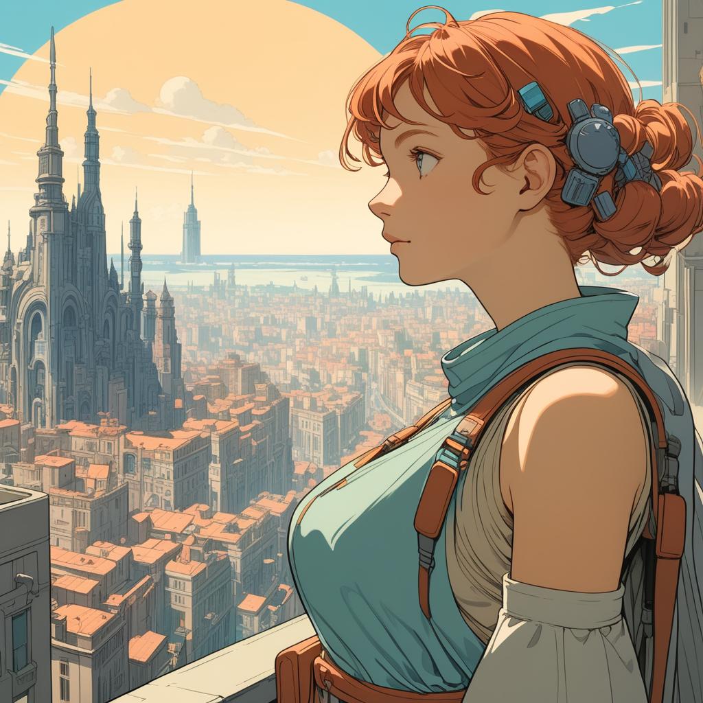  by Studio Ghibli and Alphonse Mucha, thick (science fiction scene:1.1) , looking away from camera, city, Selective focus