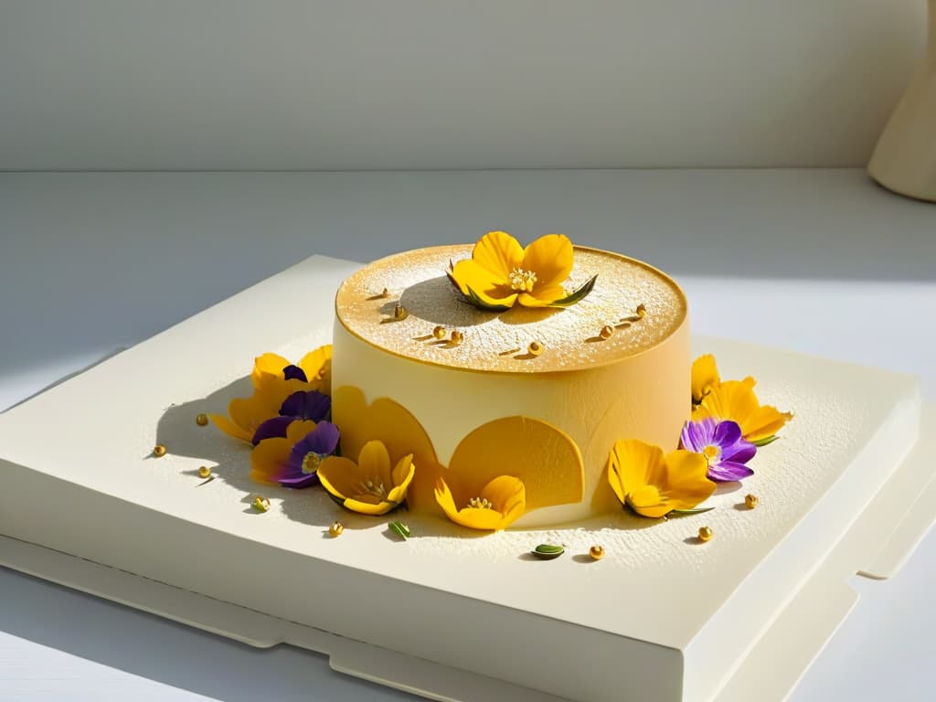  A closeup, ultradetailed image of an exquisite glutenfree dessert, intricately decorated with delicate edible flowers and gold leaf. The dessert sits on a sleek, minimalist plate, set against a backdrop of soft, diffused lighting that highlights its texture and craftsmanship. hyperrealistic, full body, detailed clothing, highly detailed, cinematic lighting, stunningly beautiful, intricate, sharp focus, f/1. 8, 85mm, (centered image composition), (professionally color graded), ((bright soft diffused light)), volumetric fog, trending on instagram, trending on tumblr, HDR 4K, 8K