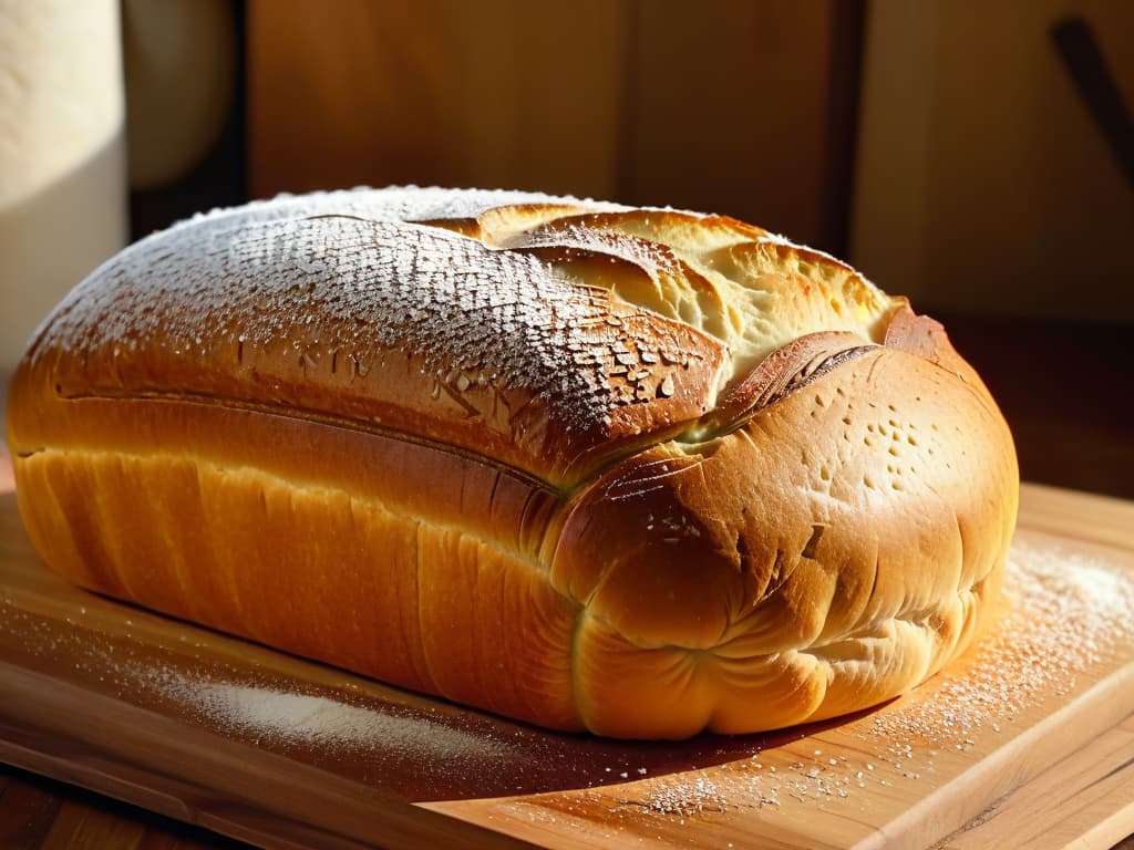  A minimalist, highresolution image of a beautifully crafted artisan bread loaf, freshly baked and golden brown, dusted with a light sprinkle of flour, resting on a rustic wooden cutting board. The warm glow of natural light softly illuminates the intricate scoring marks on the loaf's crust, highlighting its texture and artistry. The background is softly blurred to keep the focus on the intricate details of the bread, conveying a sense of warmth, craftsmanship, and culinary artistry. hyperrealistic, full body, detailed clothing, highly detailed, cinematic lighting, stunningly beautiful, intricate, sharp focus, f/1. 8, 85mm, (centered image composition), (professionally color graded), ((bright soft diffused light)), volumetric fog, trending on instagram, trending on tumblr, HDR 4K, 8K