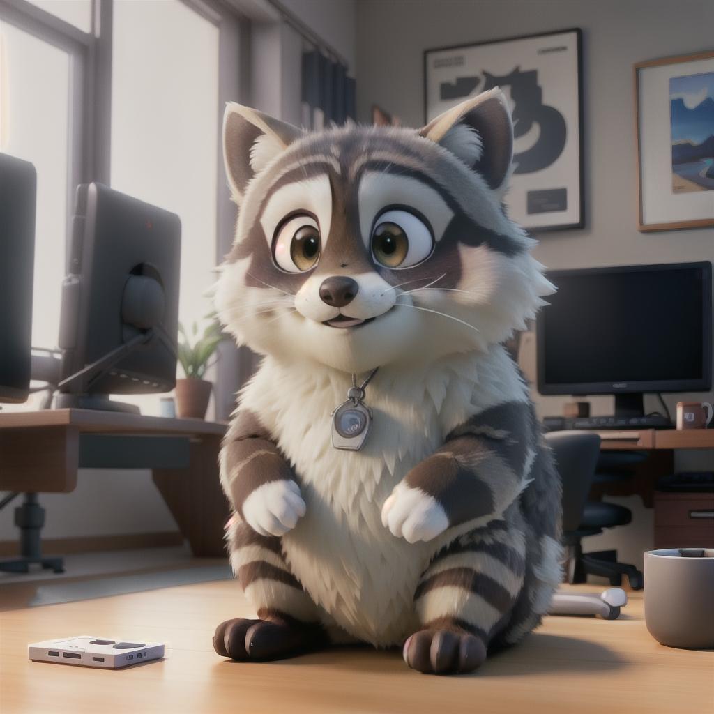  raccoon sitting in gaming chair front a computer on desktop, ((semi anthropomorphic)),(full body), tail, belly, sitting, fat, (chubby), (((white background))), solo, desktop, gaming chair, side view,  [[[clothes]]] hyperrealistic, full body, detailed clothing, highly detailed, cinematic lighting, stunningly beautiful, intricate, sharp focus, f/1. 8, 85mm, (centered image composition), (professionally color graded), ((bright soft diffused light)), volumetric fog, trending on instagram, trending on tumblr, HDR 4K, 8K