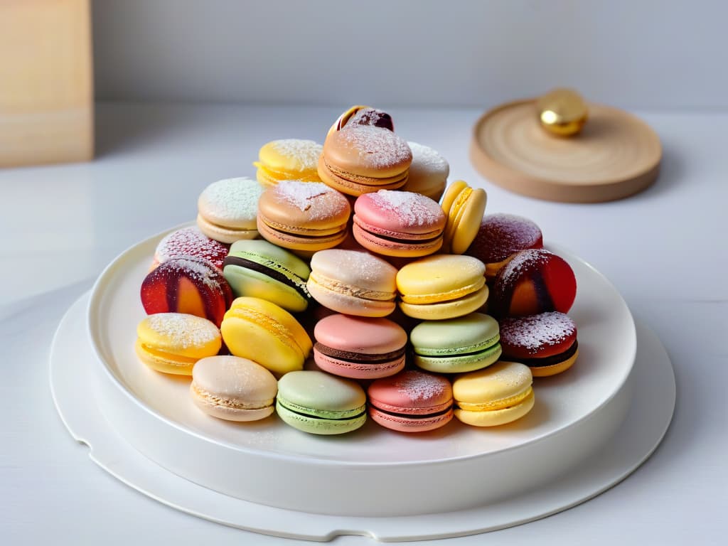  A closeup, ultradetailed image of a delicate, intricately designed dessert plate, showcasing a vibrant array of colorful macarons arranged in a symmetrical pattern. Each macaron boasts a glossy finish, with perfectly smooth edges and a dusting of edible gold leaf on top, set against a pristine white porcelain plate. The natural light illuminates the desserts, highlighting their flawless texture and meticulous craftsmanship, creating a visually striking and elegant composition that epitomizes sustainable practices in pastry making. hyperrealistic, full body, detailed clothing, highly detailed, cinematic lighting, stunningly beautiful, intricate, sharp focus, f/1. 8, 85mm, (centered image composition), (professionally color graded), ((bright soft diffused light)), volumetric fog, trending on instagram, trending on tumblr, HDR 4K, 8K