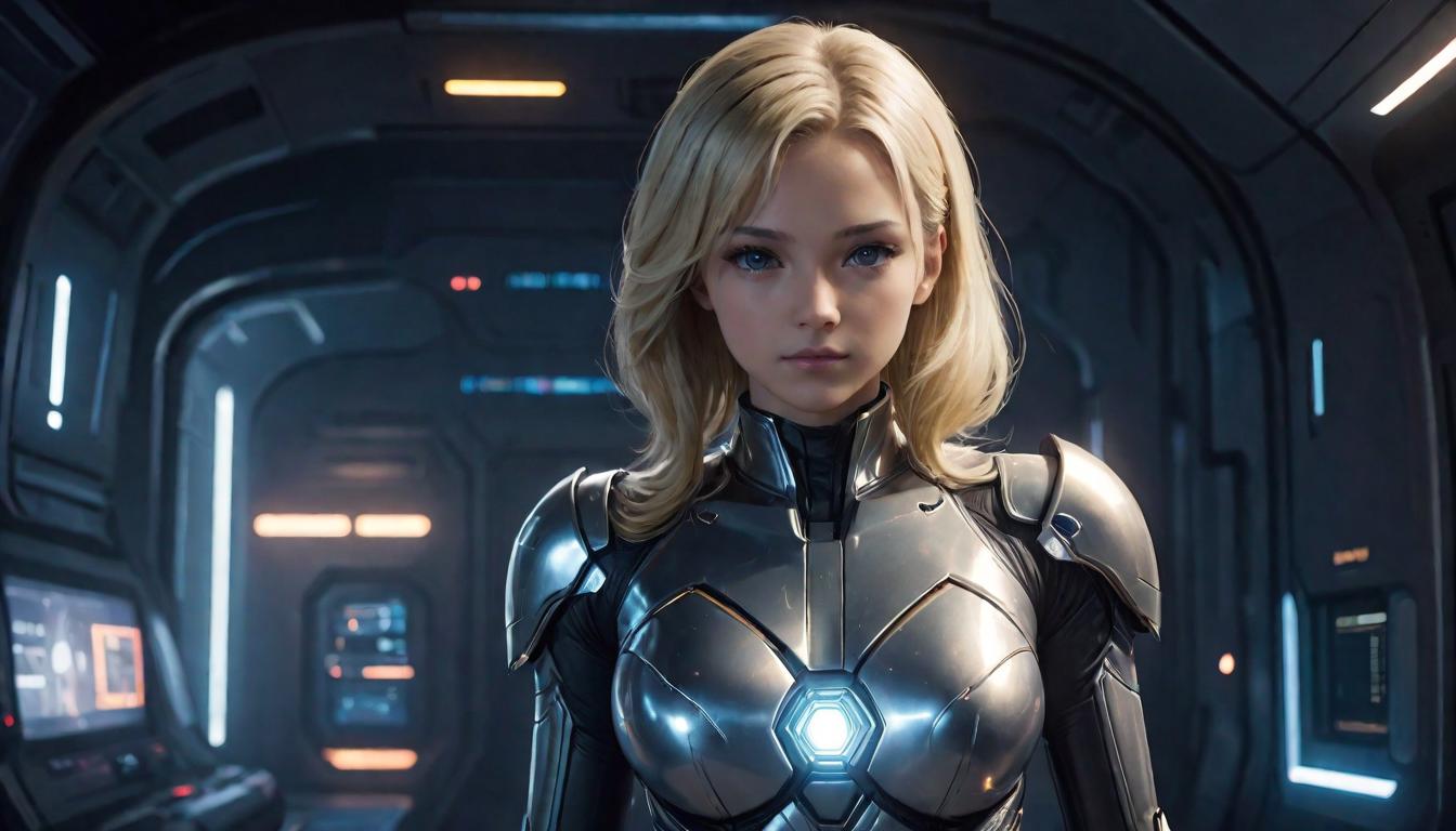  1girl, large busted attractive blonde arian female humanoid, receiving guidance, starry support, high tech clothing clad in sleek, futuristic costume with metallic accents and form fitting designs, marvel superhero comics style, unreal engine rendering