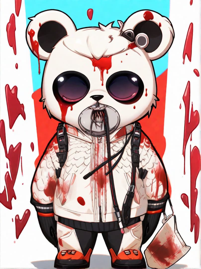  , a cute guilt robot bear, sticker, akira toriyama , white background,murder bear, bloody , dripping blood,bloody trump head on ground<lora:halloween-makeup:0.9380552704105101><lora:illustration-style:0.5895297976427594><lora:rionrtlora:0.009435480412516073><lora:margiela-ss24:0.35833211775159257> hyperrealistic, full body, detailed clothing, highly detailed, cinematic lighting, stunningly beautiful, intricate, sharp focus, f/1. 8, 85mm, (centered image composition), (professionally color graded), ((bright soft diffused light)), volumetric fog, trending on instagram, trending on tumblr, HDR 4K, 8K