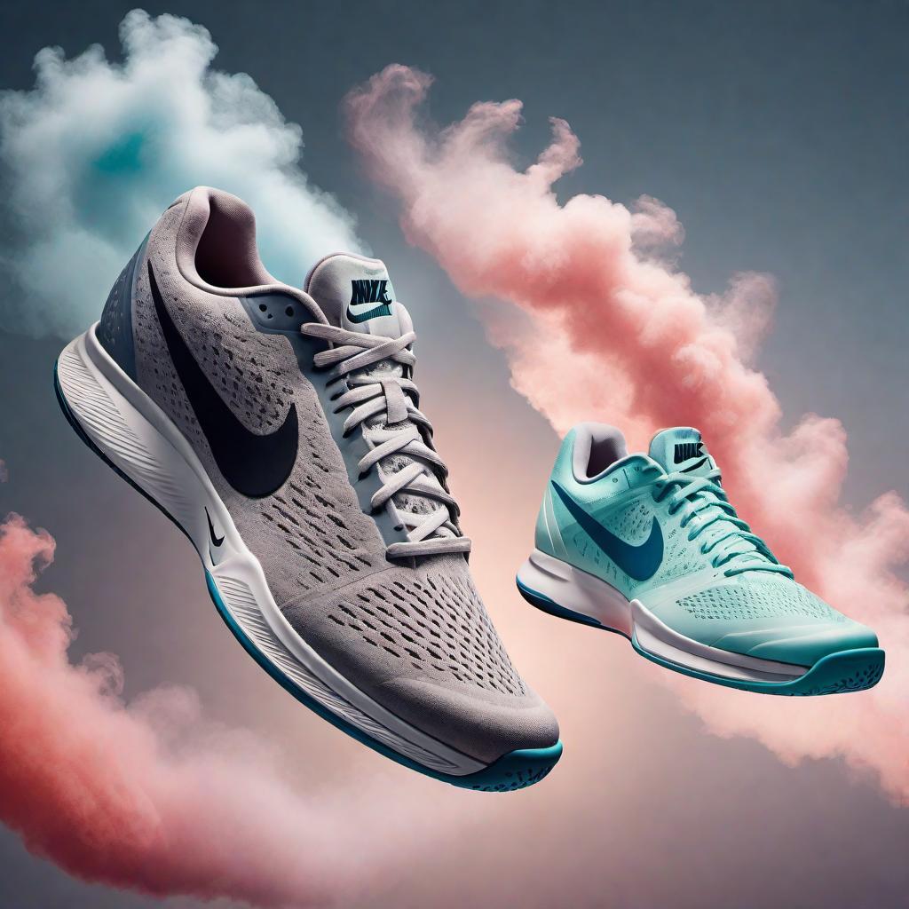  A picture of a variety of Nike tennis shoes jumping in the air. hyperrealistic, full body, detailed clothing, highly detailed, cinematic lighting, stunningly beautiful, intricate, sharp focus, f/1. 8, 85mm, (centered image composition), (professionally color graded), ((bright soft diffused light)), volumetric fog, trending on instagram, trending on tumblr, HDR 4K, 8K