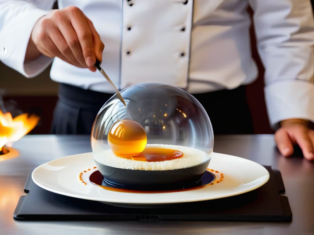  An ultradetailed closeup image of a delicate sugar sphere being precisely torched by a chef's hand, capturing the moment when the caramelized sugar starts to glisten and bubble, creating a mesmerizing play of light and shadow on its smooth surface. The background is subtly blurred, emphasizing the intricate details of the molecular gastronomy technique in action. hyperrealistic, full body, detailed clothing, highly detailed, cinematic lighting, stunningly beautiful, intricate, sharp focus, f/1. 8, 85mm, (centered image composition), (professionally color graded), ((bright soft diffused light)), volumetric fog, trending on instagram, trending on tumblr, HDR 4K, 8K