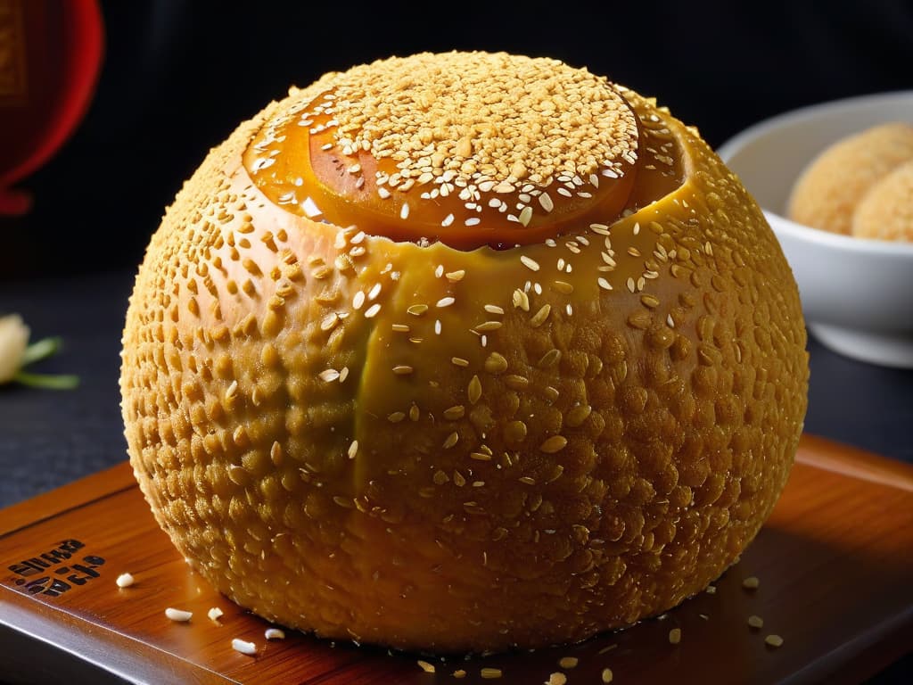  A closeup, ultradetailed image of a perfectly golden sesame ball coated in sesame seeds, showcasing its crispy exterior texture and sticky rice interior, set against a simple, elegant black background to emphasize its delicious simplicity. hyperrealistic, full body, detailed clothing, highly detailed, cinematic lighting, stunningly beautiful, intricate, sharp focus, f/1. 8, 85mm, (centered image composition), (professionally color graded), ((bright soft diffused light)), volumetric fog, trending on instagram, trending on tumblr, HDR 4K, 8K