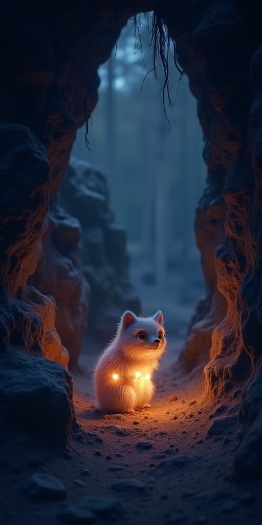  good quality, high quality, a whimsical cave explore reveals a glowing furry creature at twilight