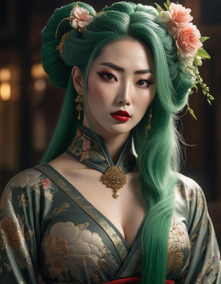  professional 3d model Gorgeous fluid, realistic and intricate, high definition portrait of a Gothic Geisha with realistic, clear eyes and detailed green hair, high resolution, photorealistic, Nikon Z9, 85mm F1.2, DOF, sharp focus very detailed and extremely beautiful. Intricate photorealistic 8k winning photography masterpiece, ultra detailed high definition sharp quality focused in hdr Ultra realistic, HR Ginger . octane render, highly detailed, volumetric, dramatic lighting hyperrealistic, full body, detailed clothing, highly detailed, cinematic lighting, stunningly beautiful, intricate, sharp focus, f/1. 8, 85mm, (centered image composition), (professionally color graded), ((bright soft diffused light)), volumetric fog, trending on instagram, trending on tumblr, HDR 4K, 8K