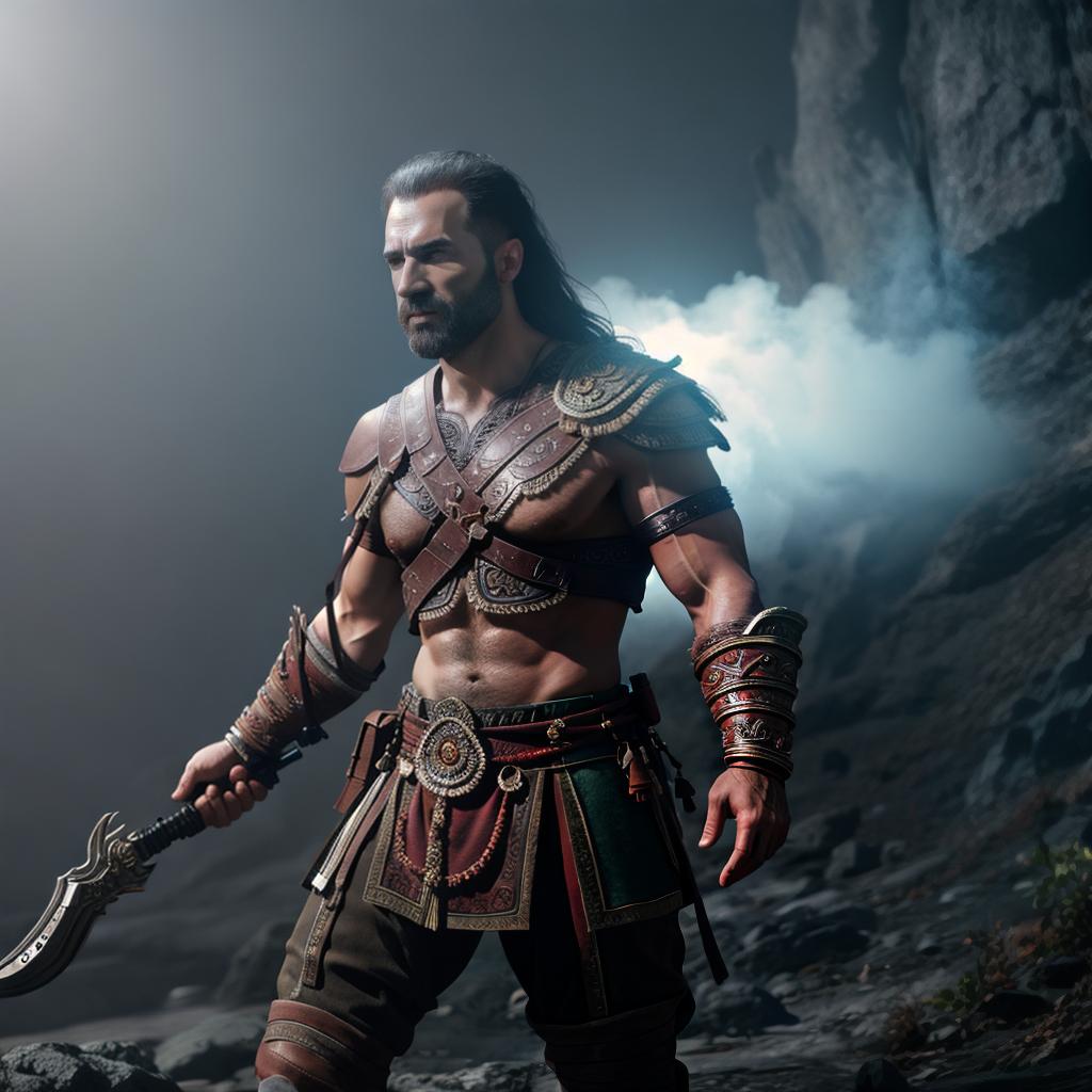  God of war hyperrealistic, full body, detailed clothing, highly detailed, cinematic lighting, stunningly beautiful, intricate, sharp focus, f/1. 8, 85mm, (centered image composition), (professionally color graded), ((bright soft diffused light)), volumetric fog, trending on instagram, trending on tumblr, HDR 4K, 8K