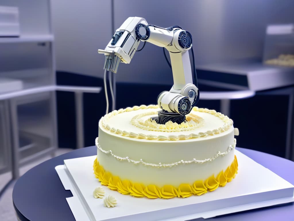  An ultradetailed image of a sleek, futuristic robotic arm delicately piping intricate designs on a multitiered wedding cake. The robotic arm is illuminated with soft, ambient lighting, showcasing its intricate metallic details and precision movements as it decorates the cake with elaborate patterns and swirls. The background is blurred to keep the focus on the robotic arm and the meticulously decorated cake, highlighting the seamless blend of technology and artistry in the field of robotic pastrymaking. hyperrealistic, full body, detailed clothing, highly detailed, cinematic lighting, stunningly beautiful, intricate, sharp focus, f/1. 8, 85mm, (centered image composition), (professionally color graded), ((bright soft diffused light)), volumetric fog, trending on instagram, trending on tumblr, HDR 4K, 8K