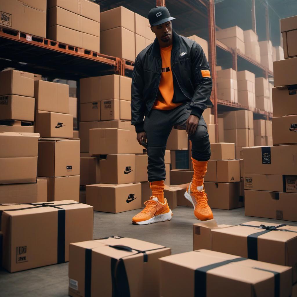  A person in Nike sneakers stands sideways, with a warehouse of shoeboxes behind them, cyberpunk, orange tones. hyperrealistic, full body, detailed clothing, highly detailed, cinematic lighting, stunningly beautiful, intricate, sharp focus, f/1. 8, 85mm, (centered image composition), (professionally color graded), ((bright soft diffused light)), volumetric fog, trending on instagram, trending on tumblr, HDR 4K, 8K