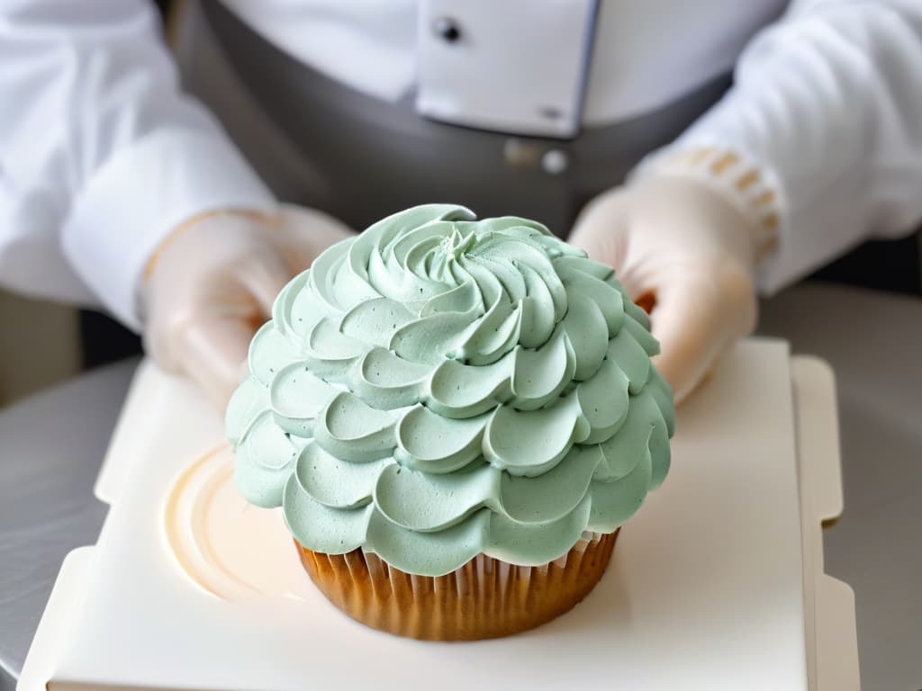  A closeup, ultradetailed image of a chef's hands meticulously piping intricate swirls of frosting onto a perfectly baked cupcake. The hands are gloved, highlighting safety measures, and the backdrop is a sleek, modern kitchen with subtle lighting, emphasizing a minimalist aesthetic. hyperrealistic, full body, detailed clothing, highly detailed, cinematic lighting, stunningly beautiful, intricate, sharp focus, f/1. 8, 85mm, (centered image composition), (professionally color graded), ((bright soft diffused light)), volumetric fog, trending on instagram, trending on tumblr, HDR 4K, 8K